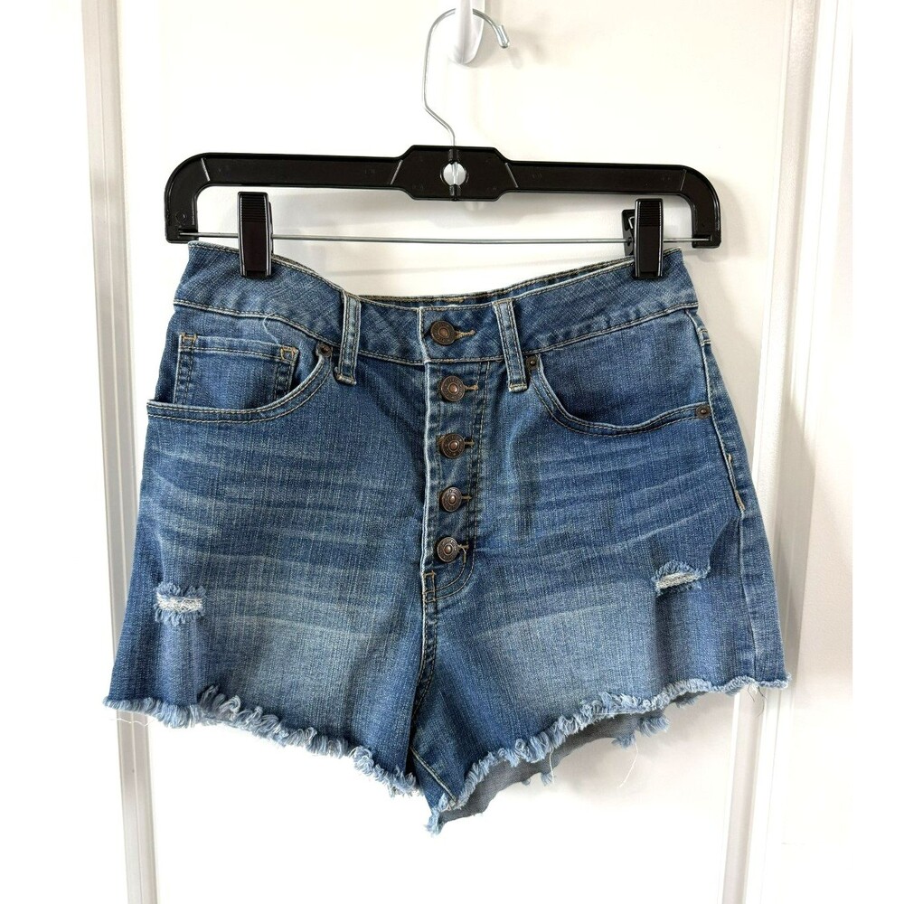 Rewash Sz 5/27 Dark Wash High Rise Button Fly Distressed Raw Hem Jean Shorts